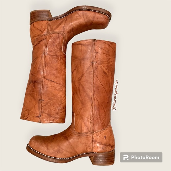 $599 Frye Campus 14L Cognac Leather Block Heel Square Knee High Tall Cowboy Boot - Picture 15 of 15